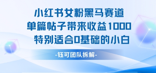 小红书女粉黑马赛道单篇帖子带来收益1k+，特别适合0基础的小白