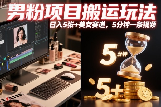 男粉项目搬运玩法，日入5张+美女赛道，5分钟一条视频