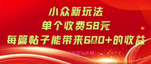 小众新玩法单个收费58米每篇帖子能带来6张+的收益
