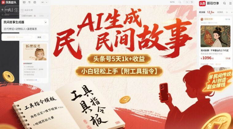 AI生成民间故事，头条号5天1k+，小白轻松上手【附工具指令】