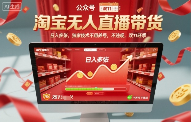 淘宝无人直播带货，日入多张，独家技术不用养号，不违规，双11旺季