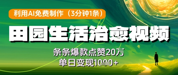 利用AI免费制作田园生活治愈视频，条条爆款点赞20W，单日变现几张