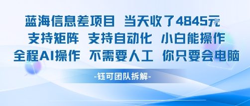 蓝海信息差项目当天收米1k+ 支持矩阵支持自动化小白能操作全程AI操作不需要人工你只要会电脑