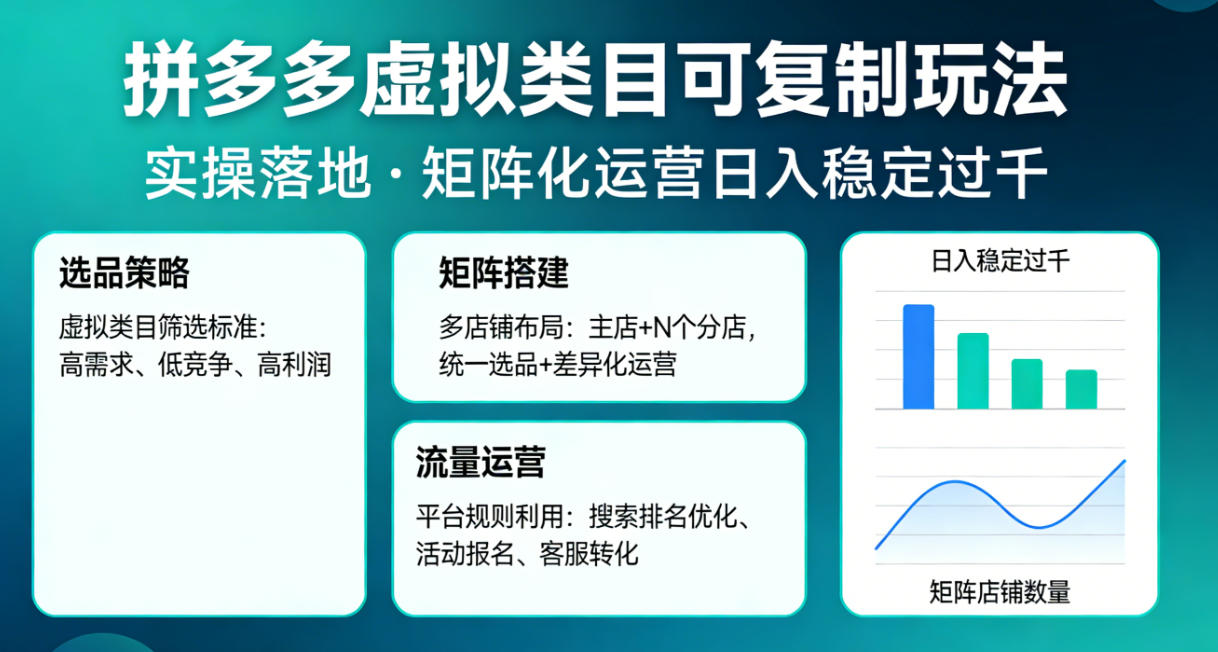 拼多多虚拟类目可复制玩法，实操落地，矩阵化日入稳定过千【揭秘】