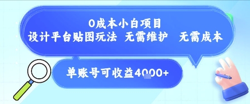 0成本小白项目，设计平台贴图玩法，无需维护，无需成本，单账号单月可产生收益4k+