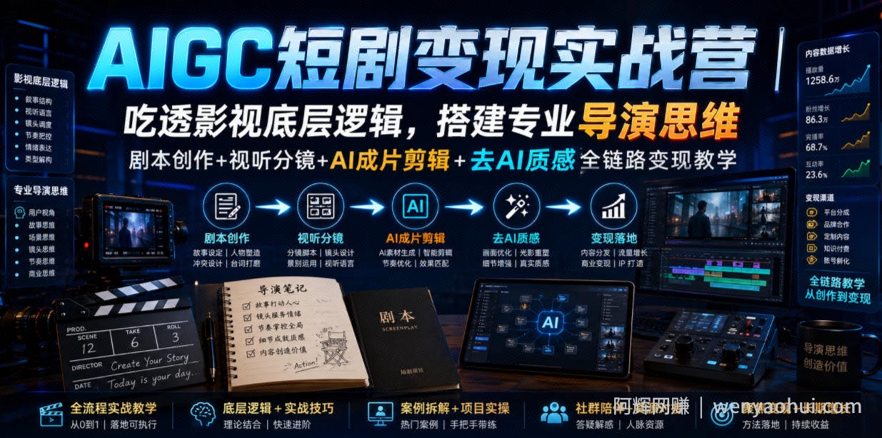 AIGC短剧变现实战营|吃透影视底层逻辑,搭建专业导演思维,剧本创作+视听分镜+AI成片剪辑+去AI质感全链路变现教学