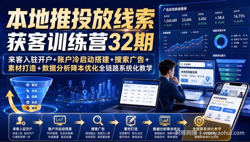 本地推投放线索获客训练营32期|来客入驻开户+账户冷启动搭建+搜索广告+素材打造+数据分析降本优化全链路系统化教学(8月全新课程)