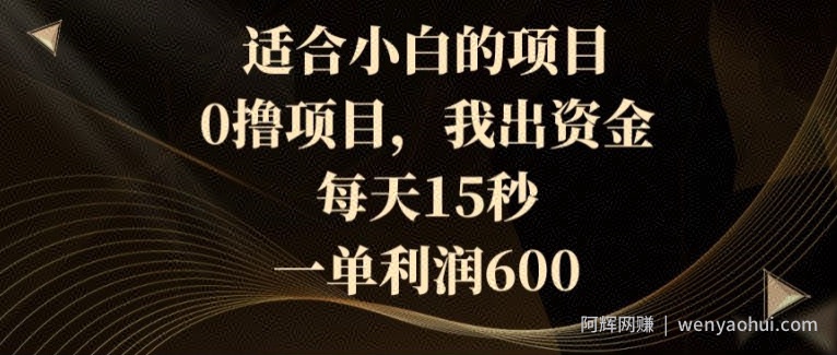 适合小白的项目，0撸项目，我出资金，每天15秒，一单利润600