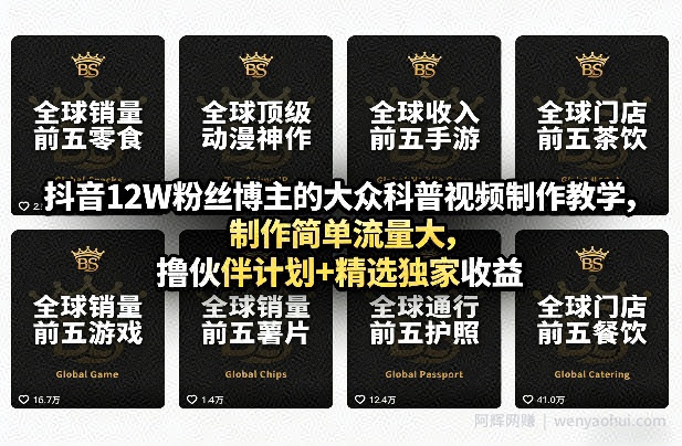 抖音12W粉丝博主的大众科普视频制作教学，制作简单流量大，撸伙伴计划+精选独家收益