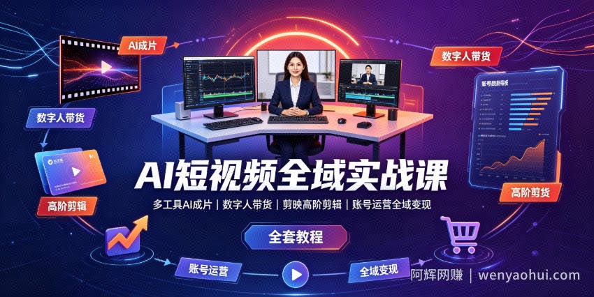 AI短视频全域实战课｜多工具AI成片、数字人带货、剪映高阶剪辑、账号运营全域变现全套教程