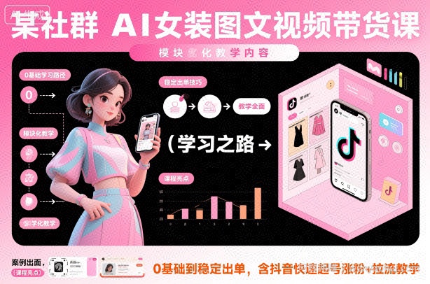 某社群AI女装图文视频带货课，教学全面，0基础到稳定出单，含抖音快速起号涨粉+拉流教学