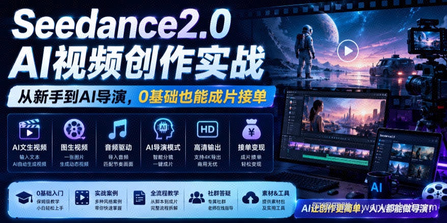 Seedance2.0 AI视频创作实战，从新手到AI导演，0基础也能成片接单变现