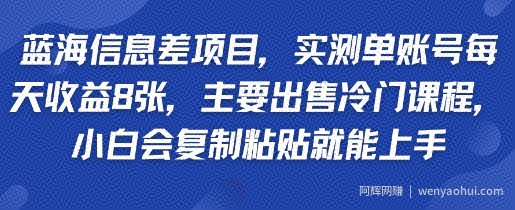 蓝海信息差项目,实测单账号每天收益多张,主要出售冷门课程,小白会复制粘贴就能上手