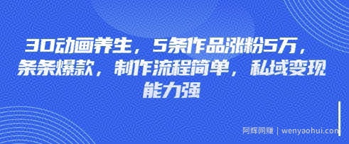 3D动画养生，5条作品涨粉5万，条条爆款，制作流程简单，私域变现能力强