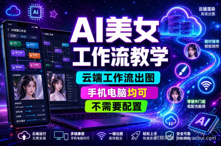 AI美女工作流教学，云端工作流出图，手机电脑均可，不需要配置，快速起号涨粉