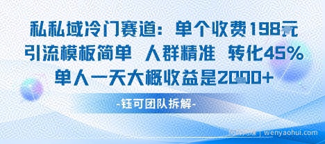 私域冷门赛道单个收费198米引流模板简单人群精准 45%的转化率单人一天大概收益多张