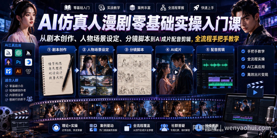 AI仿真人漫剧零基础实操入门课，从剧本创作、人物场景设定、分镜脚本到AI成片配音剪辑，全流程手把手教学