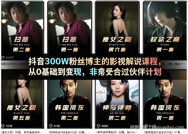 抖音300W粉丝博主的影视解说课程，从0基础到变现，非常适合过伙伴计划