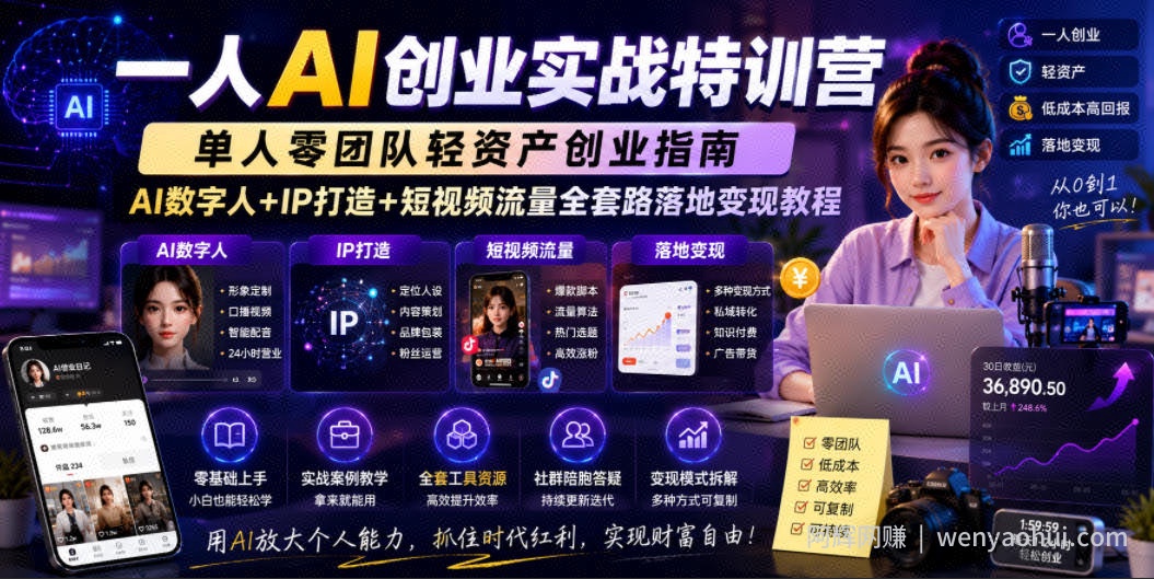 一人AI创业实战特训营，单人零团队轻资产创业指南，AI数字人+IP打造+短视频流量全套路落地变现教程