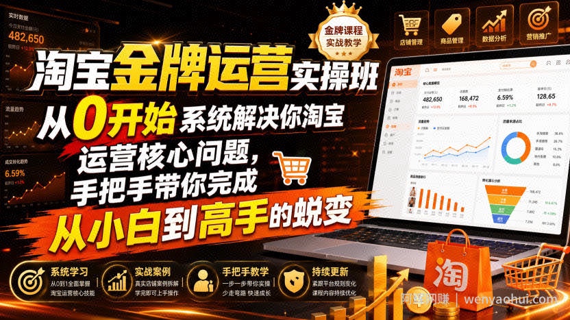 淘宝金牌运营实操班，从0开始系统解决你淘宝运营核心问题，手把手带你完成从小白到高手的蜕变（2026年7月）