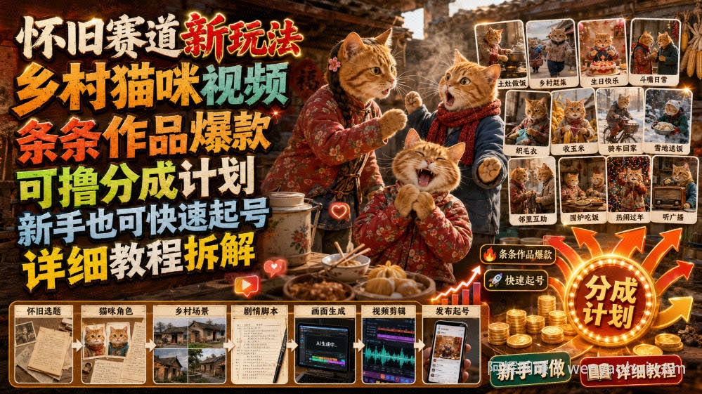 怀旧赛道新玩法，乡村猫咪视频，条条作品爆款，可撸分成计划，新手也可快速起号，详细教程拆解