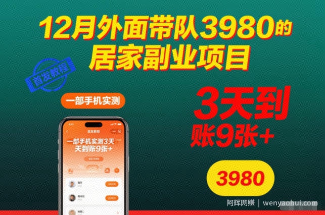 12月外面带队3980的居家副业项目，一部手机实测3天到账9张+，首发教程【揭秘】