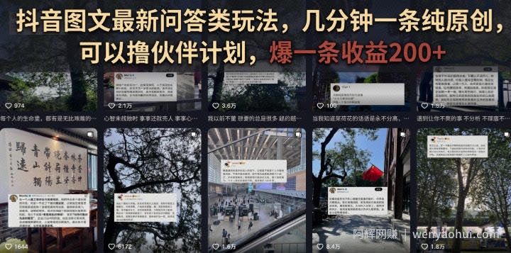 抖音图文最新问答类玩法,几分钟一条纯原创,可以撸伙伴计划,爆一条收益200+