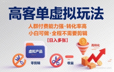 高客单虚拟玩法日入多张，人群付费能力强转化率高，小白可做 全程不需要剪辑