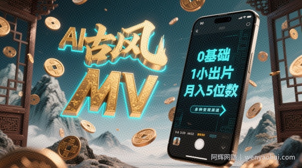 AI一键生成古风音乐MV，0剪辑基础1小时出片，多种变现渠道，一部手机月入5位数