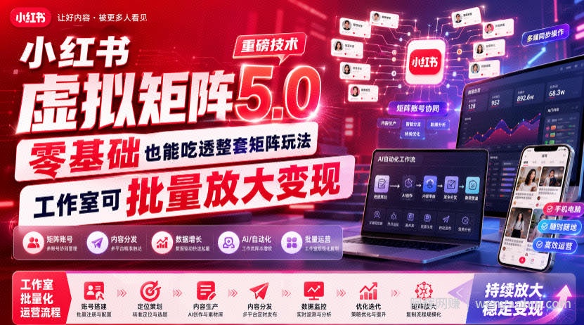 小红书虚拟矩阵5.0重磅技术,零基础也能吃透整套矩阵玩法,工作室可批量放大变现