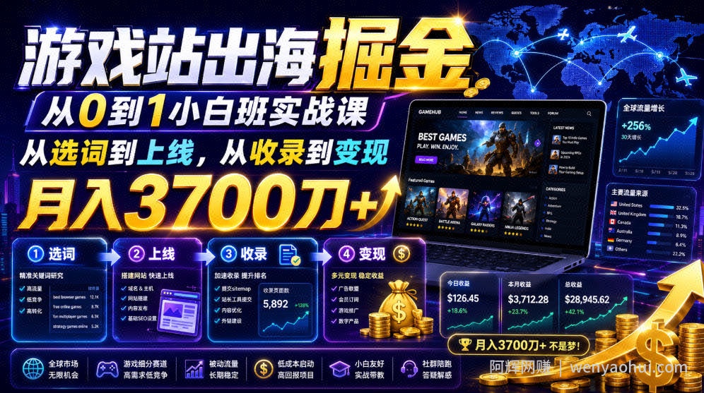 游戏站出海掘金从0到1小白实战课，从选词到上线，从收录到变现，月入3700刀+（更新）