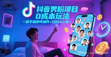 抖音男粉项目0成本玩法，一部手机即可操作，日均4张+，时间自由