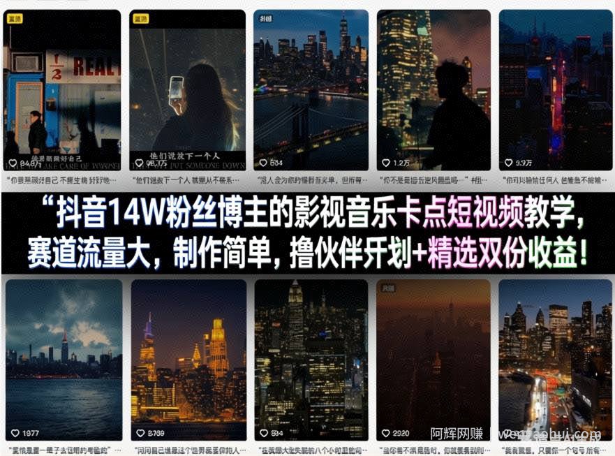 抖音14W粉丝博主的影视音乐卡点短视频教学，赛道流量大，制作简单，撸伙伴计划+精选双份收益！
