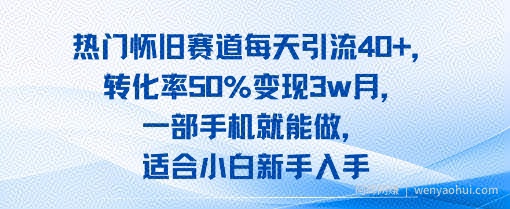热门怀旧赛道每天引流40+，转化率50%月变现3w，一部手机就能做，适合小白新手入手