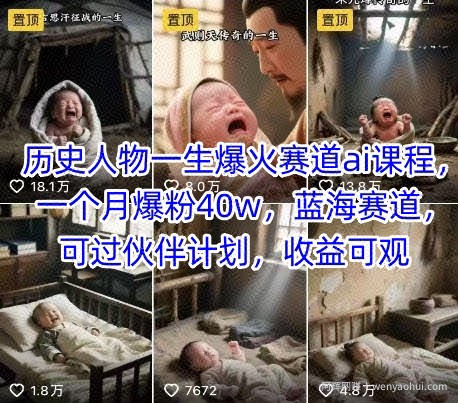 历史人物一生爆火赛道ai课程，一个月爆粉40w，蓝海赛道，可过伙伴计划，收益可观
