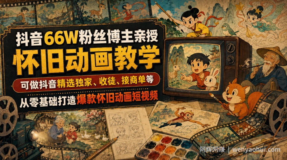 抖音66W粉丝博主亲授怀旧动画教学，可做抖音精选独家、收徒、接商单等，从零基础打造爆款怀旧动画短视频