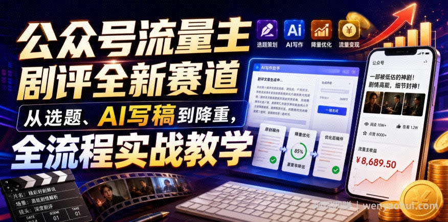 公众号流量主剧评全新赛道，从选题、AI写稿到降重，全流程实战教学