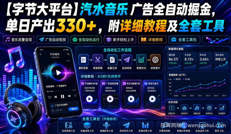 【字节大平台】汽水音乐广告全自动掘金，单日产出330+，附详细教程及全套工具【揭秘】