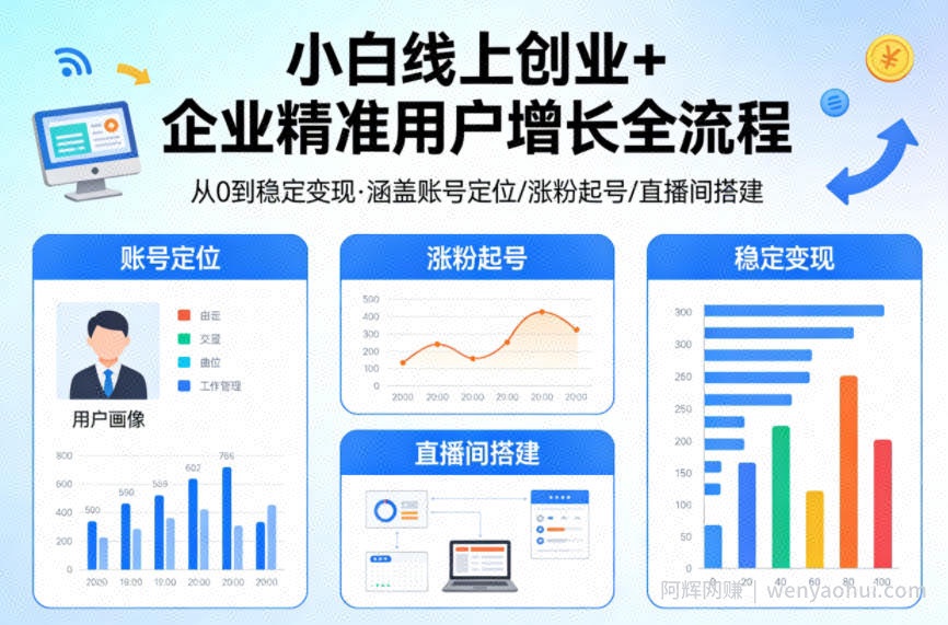 小白线上短视频创业+企业精准用户增长全流程，涵盖账号定位、涨粉起号，直播间搭建等，从0做到稳定变现