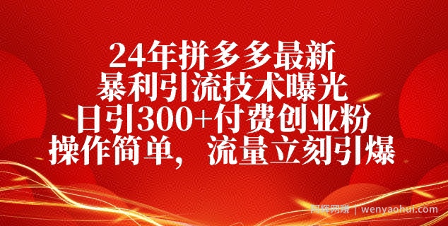 24年拼多多最新暴利引流技术曝光，日引300+付费创业粉，操作简单，流量立刻引爆