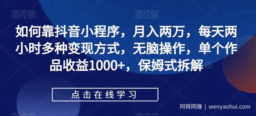 如何靠抖音小程序，月入两万，每天两小时多种变现方式，无脑操作，单个作品收益1000+，保姆式拆解