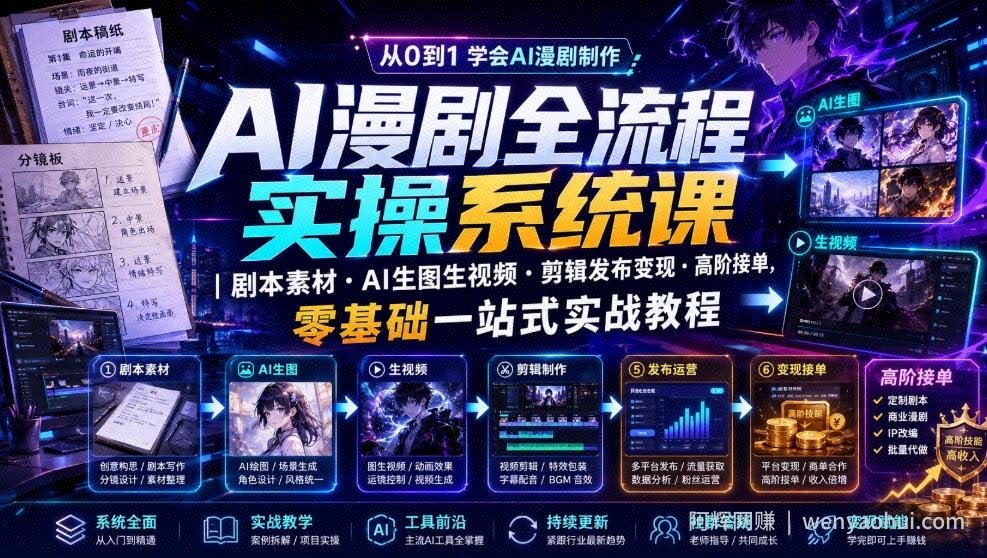AI漫剧全流程实操系统课｜剧本素材・AI生图生视频・剪辑发布变现・高阶接单，零基础一站式实战教程