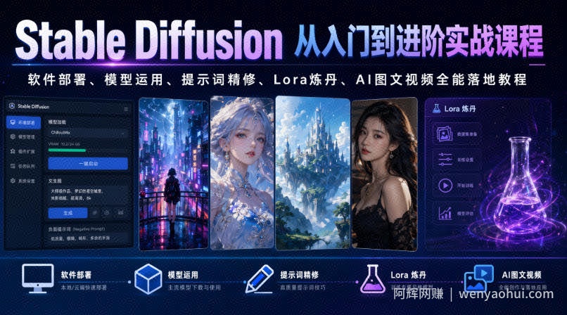 Stable Diffusion从入门到进阶实战课程｜软件部署、模型运用、提示词精修、Lora炼丹、AI图文视频全能落地教程