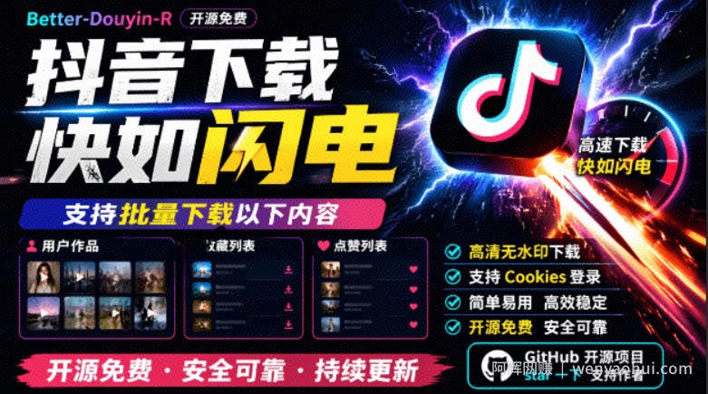 别再乱找了！抖音下载快如闪电，支持批量下载用户作品收藏列表和点赞列表，开源免费Better-douyin-R