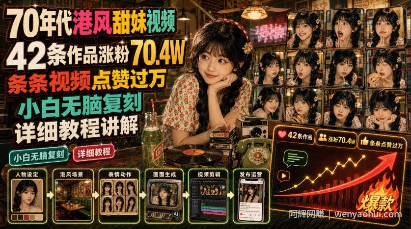 70年代港风甜妹视频，42条作品涨粉70.4W，条条视频点赞过万，小白无脑复刻，详细教程讲解
