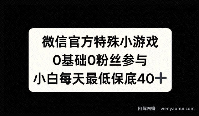 微信官方特定小游戏，0基础0粉丝，小白上手每天最少保底40+