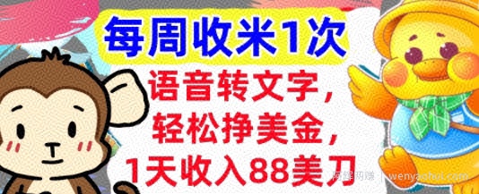 语音转文字，轻松挣美金，1天收入88美刀，0门槛，每周收米1次，小白专属