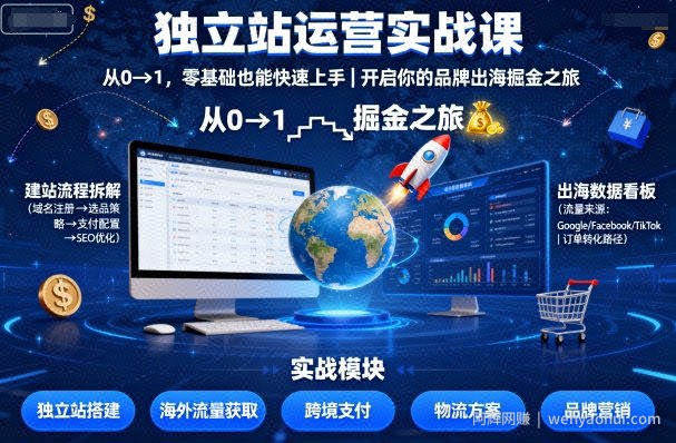 独立站运营实战课，​从0到1，零基础也能快速上手，开启你的品牌出海掘金之旅