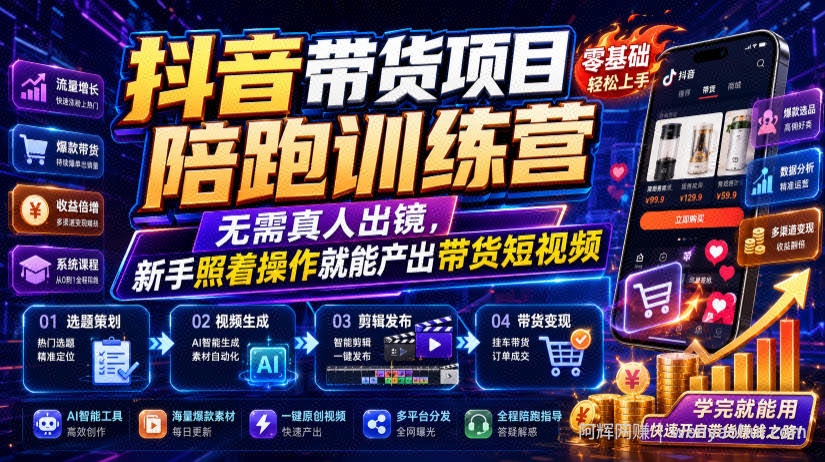 抖音带货项目陪跑训练营，无需真人出镜，新手照着操作就能产出带货短视频