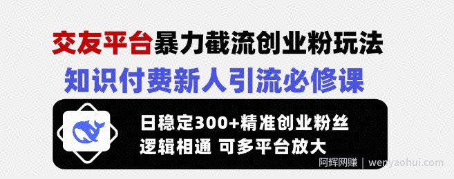 交友平台暴力截流创业粉玩法，知识付费新人引流必修课，日稳定300+精准创业粉丝，逻辑相通可多平台放大